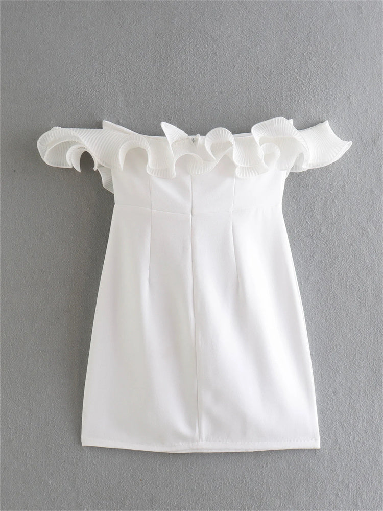 Elegant White Strapless Ruffle Floral Mini Dress