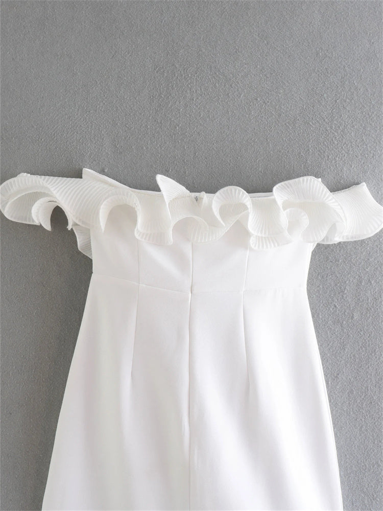 Elegant White Strapless Ruffle Floral Mini Dress
