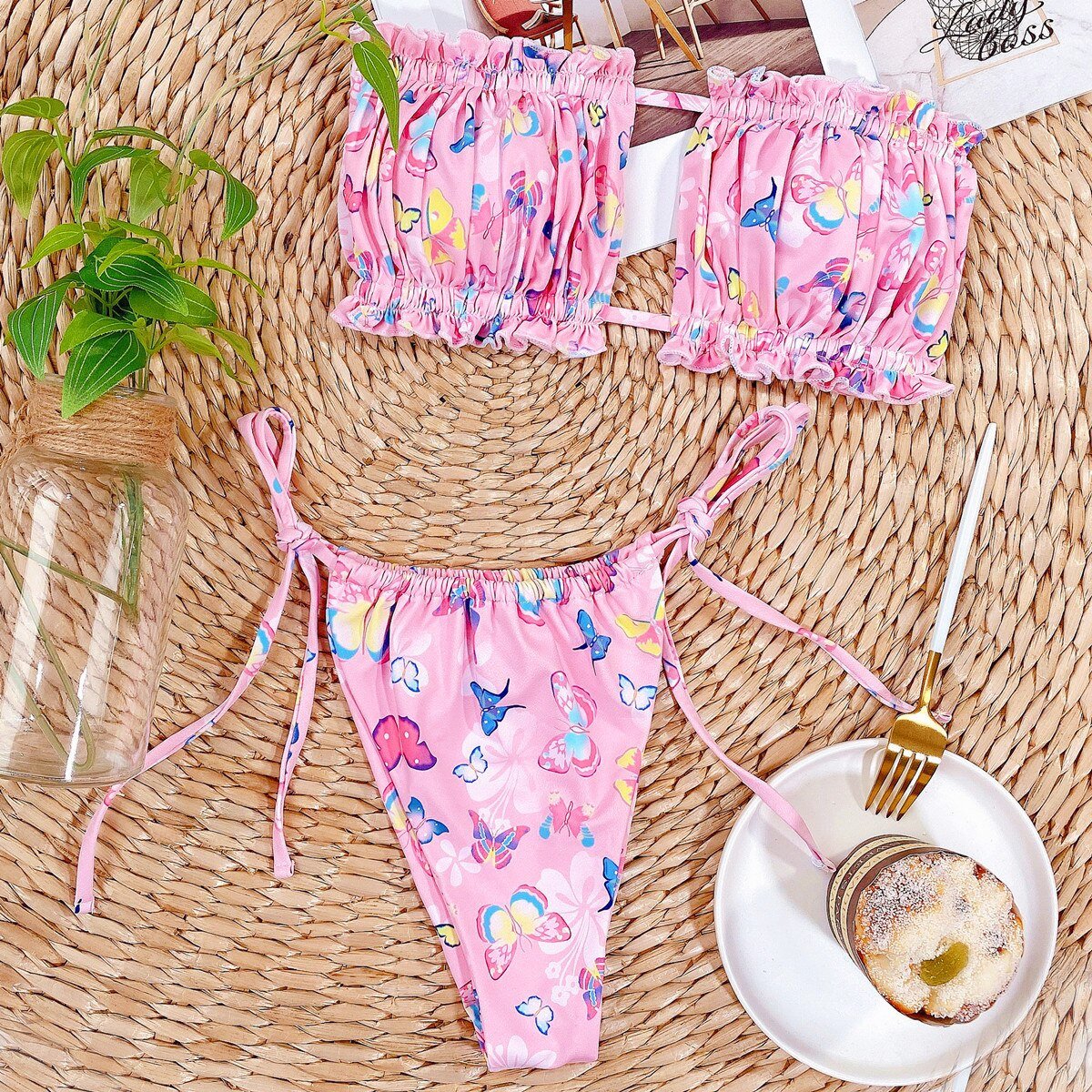 Butterfly Print Bikinis | Strapless Bikini Sets | Bare Strapless Bra