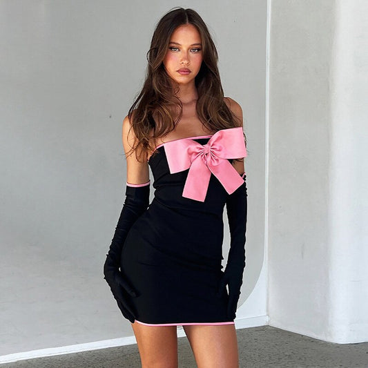 Elegant Ensemble: Bow-Trimmed Strapless Corset Tops and Mini Skirt Set